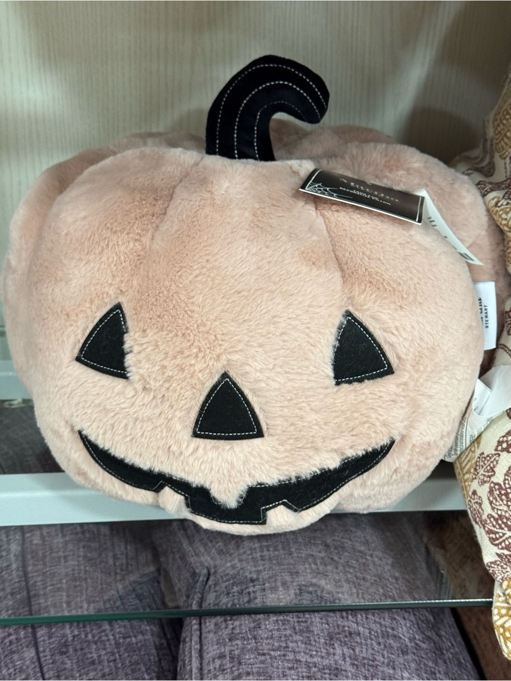Martha Stewart faux fur Pink Plush Pumpkin Pillow with Black Face